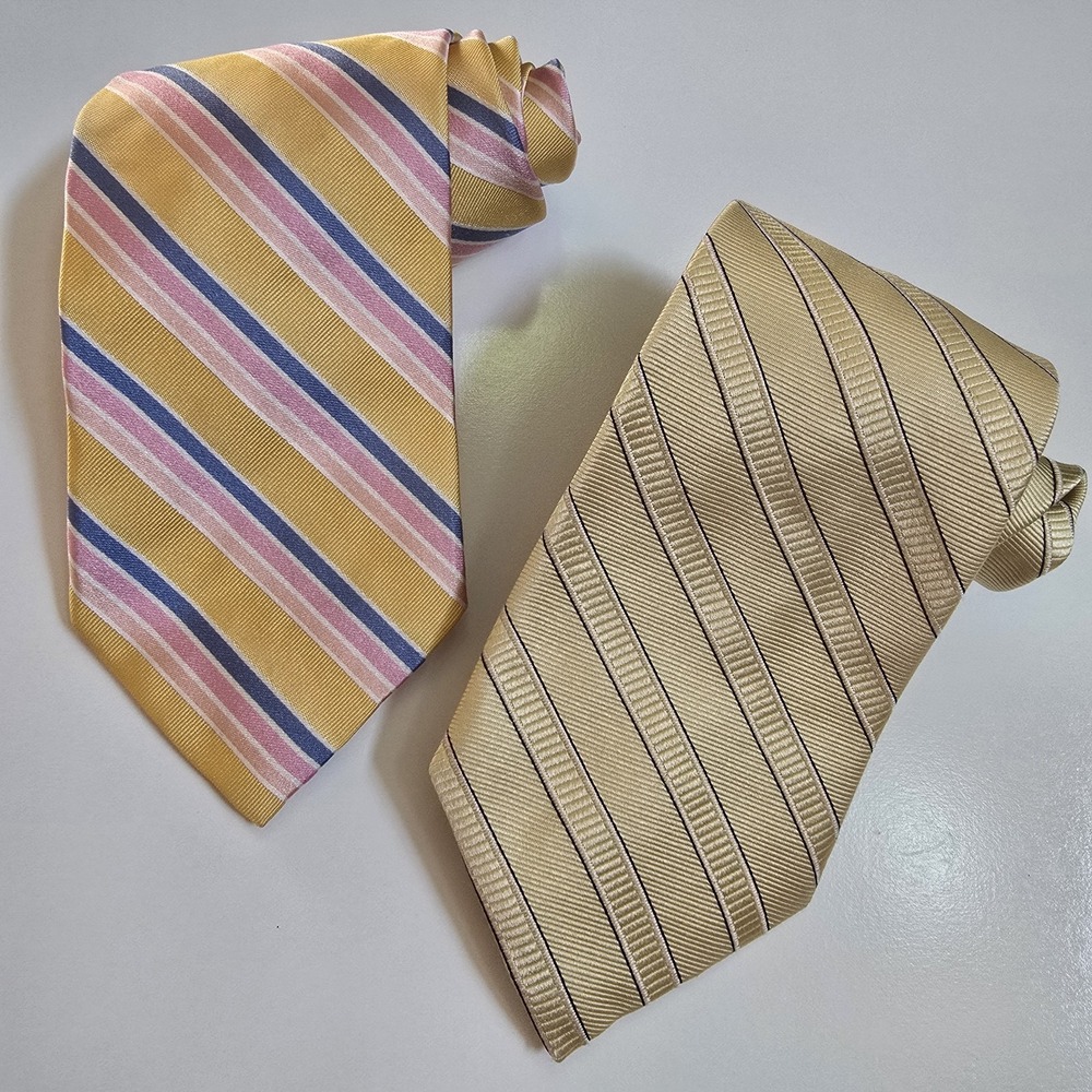 Lot x2 Paul Frederick Men's Neck Tie Italian Silk Yellow‎ Blue Pink Striped USA